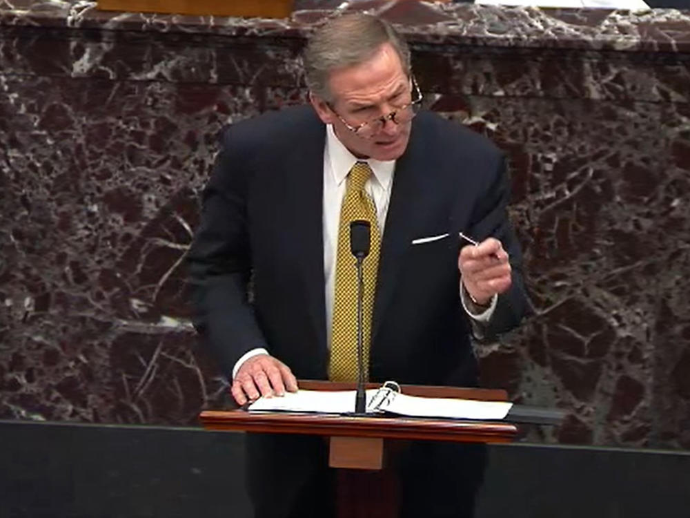Defense attorney Michael van der Veen speaks Friday on the fourth day of former President Donald Trump's Senate impeachment trial.