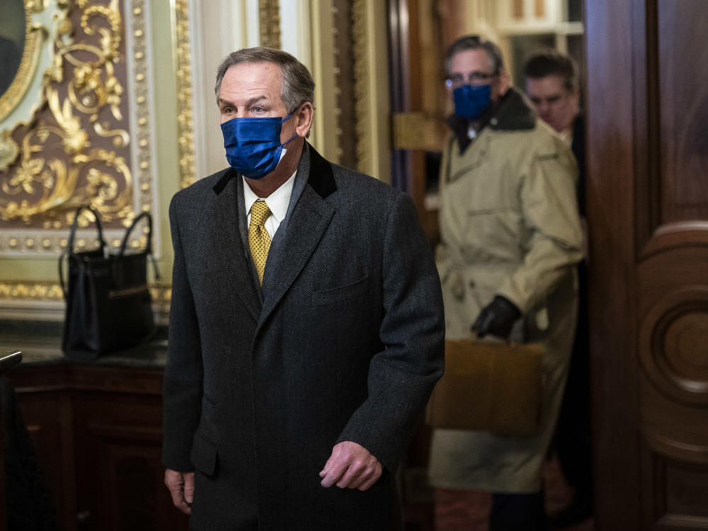 Michael van der Veen, lawyer for former President Donald Trump, departs through the Senate Reception room on the fourth day of the Senate Impeachment trials for former President Donald Trump on Capitol Hill.
