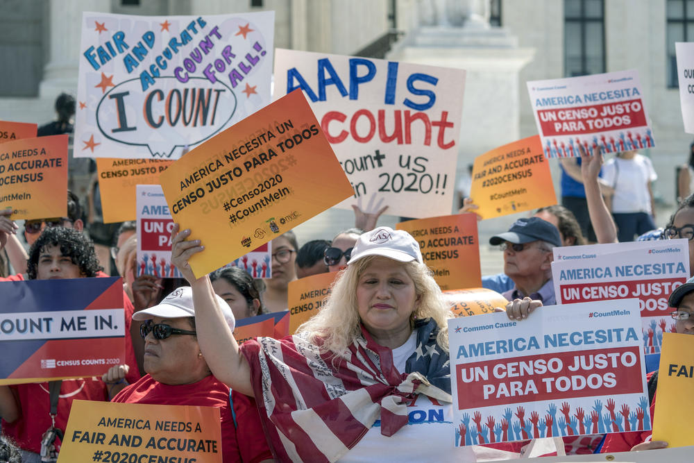 Demonstrators against the Trump administration's push for a census citizenship question rally outside the Supreme Court in 2019 as the justices hear arguments over Trump's plan.
