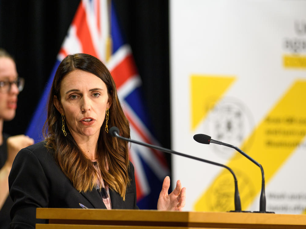 New Zealand Prime Minister Jacinda Ardern addresses media questions during a COVID-19 news conference on Feb. 14 in Wellington, New Zealand. Three new cases of the coronavirus have been confirmed in Auckland, the country's largest city.