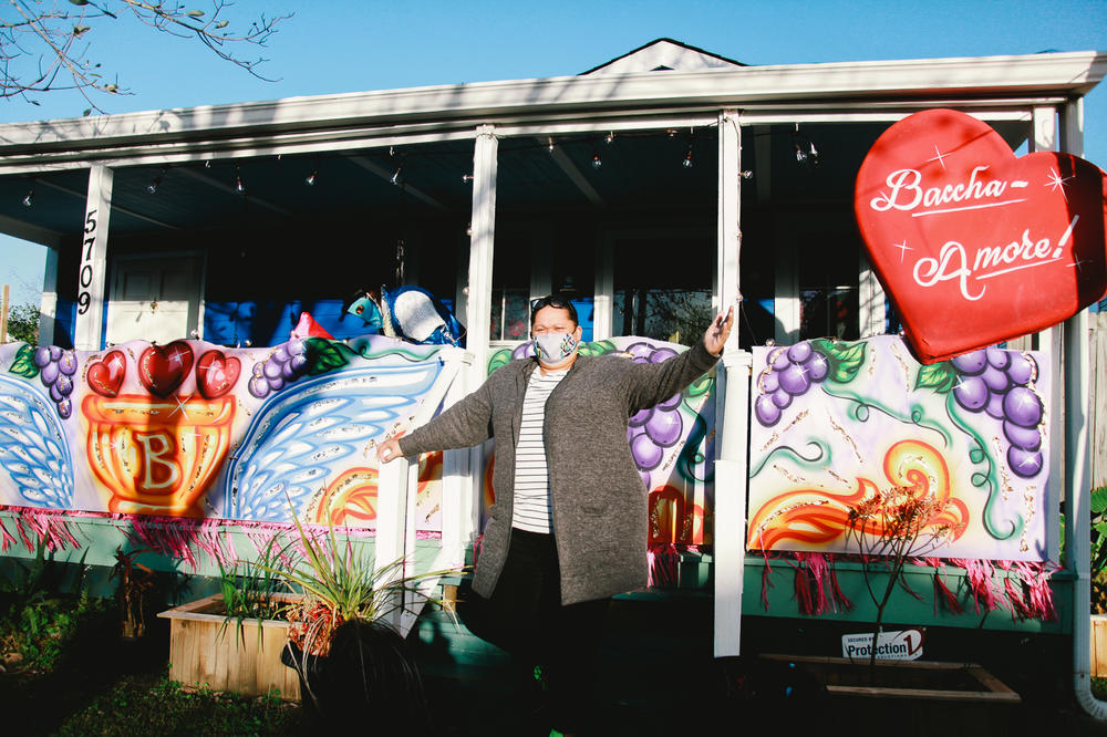 Inez Pierre, of Crescent City Artists, stands in front of her family's home. It's one of 63 house floats created by the family's business. 