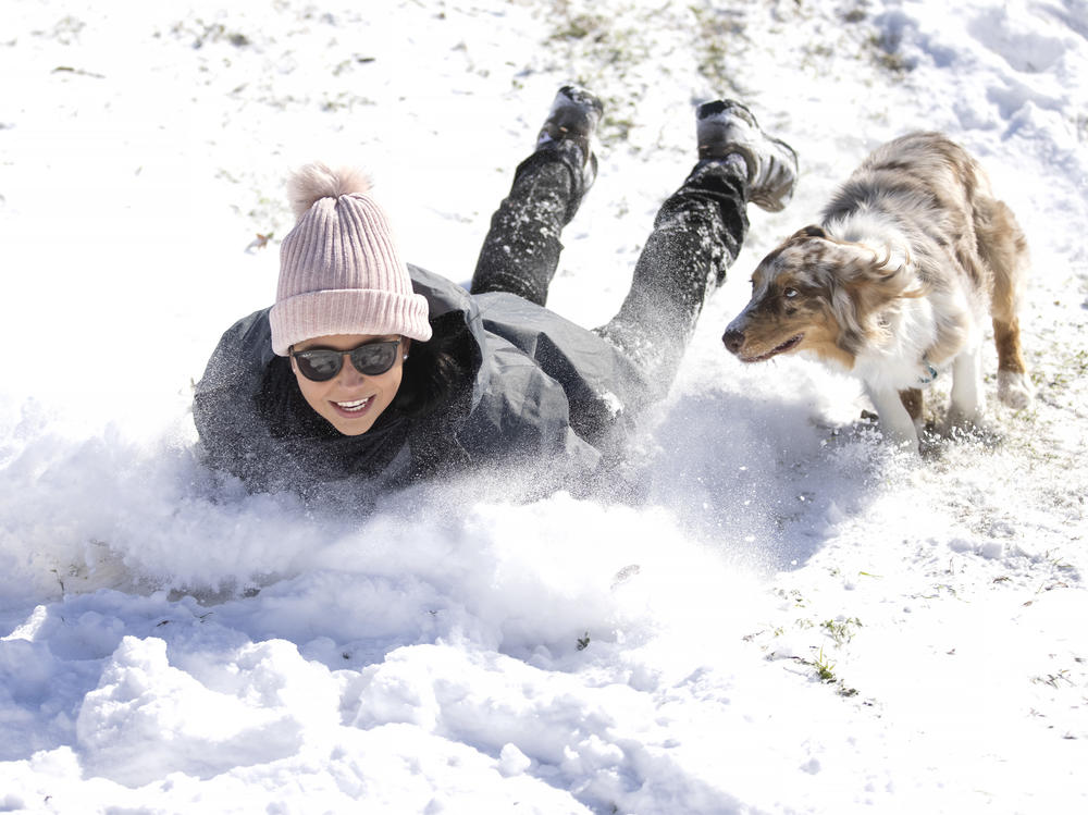 Megan Pennartz and her dog Jensen go sledding in Fort Worth, Texas, on Monday.