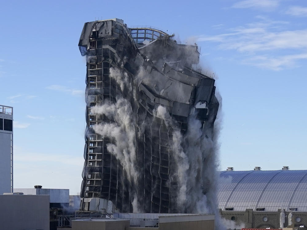 A series of explosions and a quick implosion reduced the former Trump Plaza in Atlantic City, N.J., to an 80-foot pile of rubble.