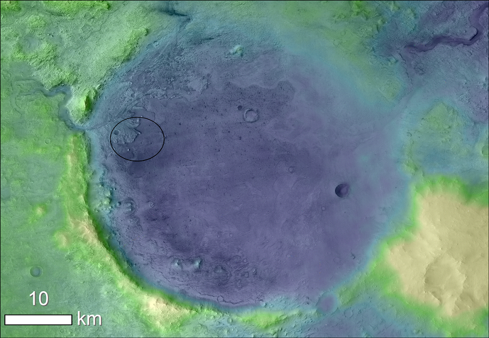 Lighter colors represent higher elevation in this image of Jezero Crater on Mars, the landing site for NASA's Mars 2020 mission. The circle represents where the Perseverance rover is expected to land.