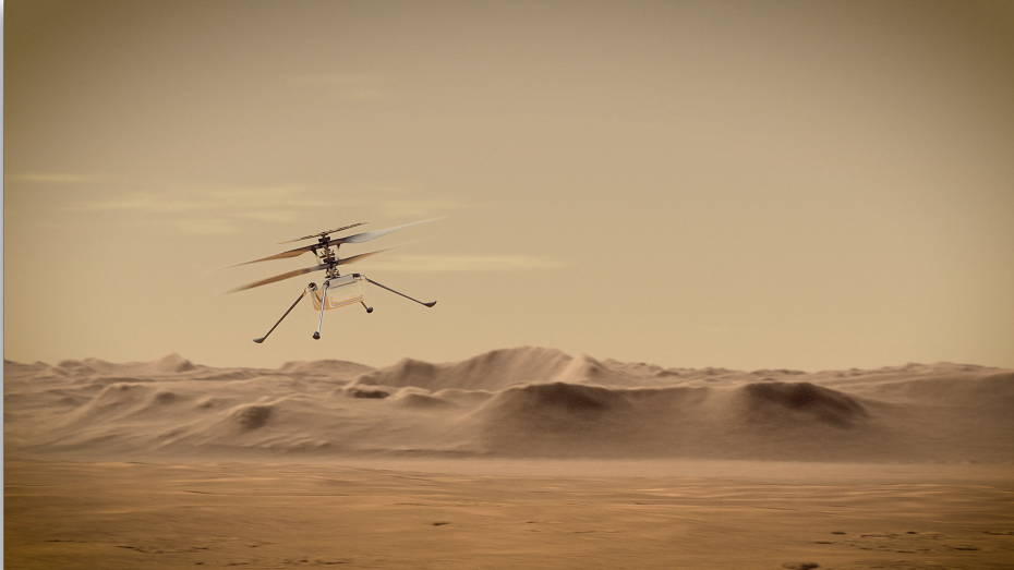 An artist's concept of NASA's Ingenuity Mars Helicopter, flying above the surface of the red planet.