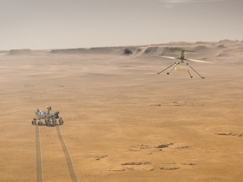NASA's Perseverance rover shown with its experimental aerial drone, the Ingenuity Mars Helicopter, in an artist's concept.