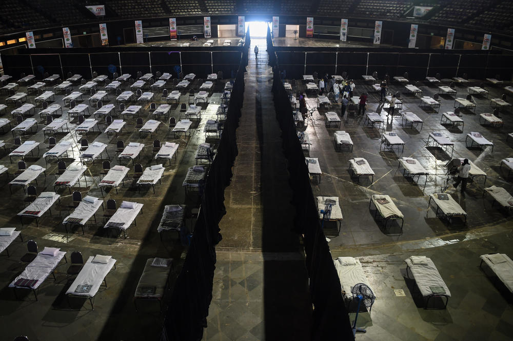 In April 2020, municipal workers prepare an isolation center during a government-imposed nationwide lockdown as a preventive measure.