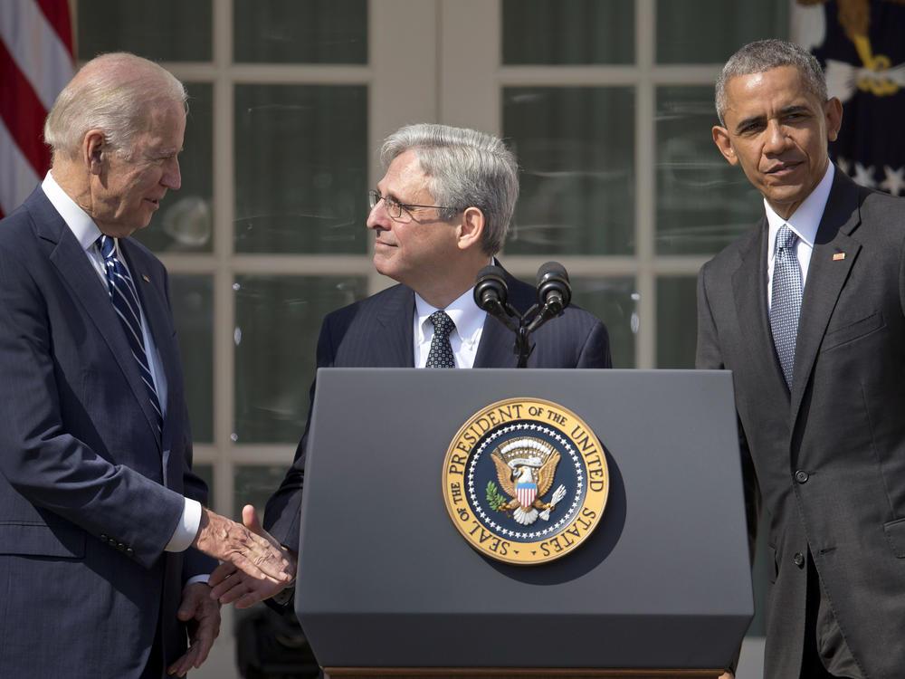 In 2016, Judge Merrick Garland was President Barack Obama's nominee to the Supreme Court. Five years later, he is President Biden's pick to lead the Justice Department. Above, Garland stands with Obama and then-Vice President Joe Biden in the White House Rose Garden after being introduced as Obama's nominee.