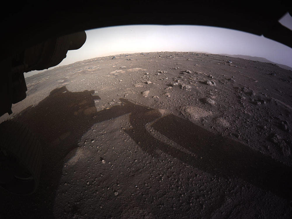 The first high-resolution full-color image of the Martian surface by Perseverance, taken by the Hazard Cameras on the underside of the rover.