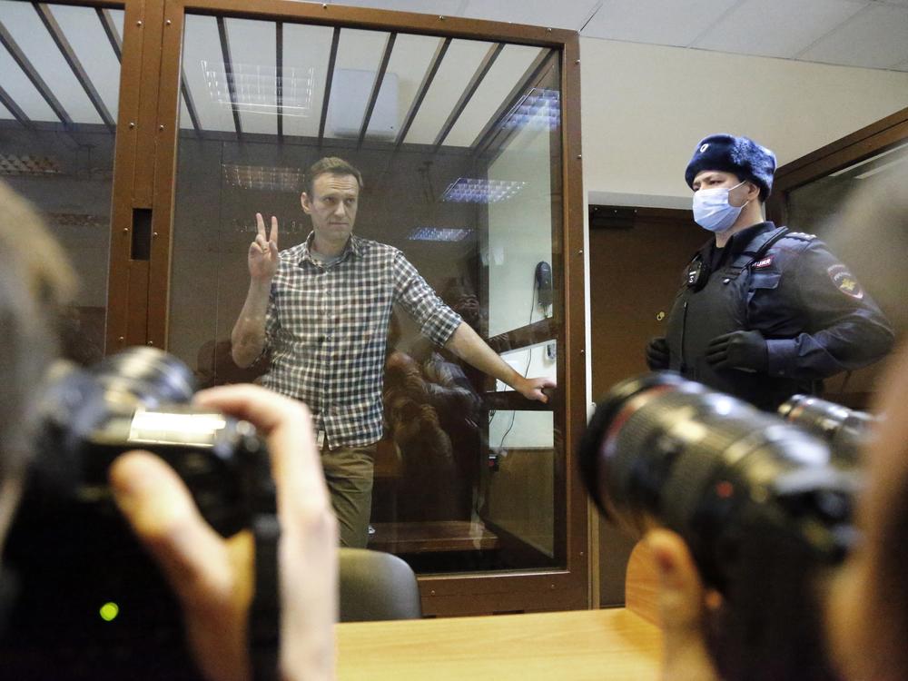Russian opposition leader Alexei Navalny stands in a Moscow courtroom on Saturday. The court turned down an appeal against his prison sentence.