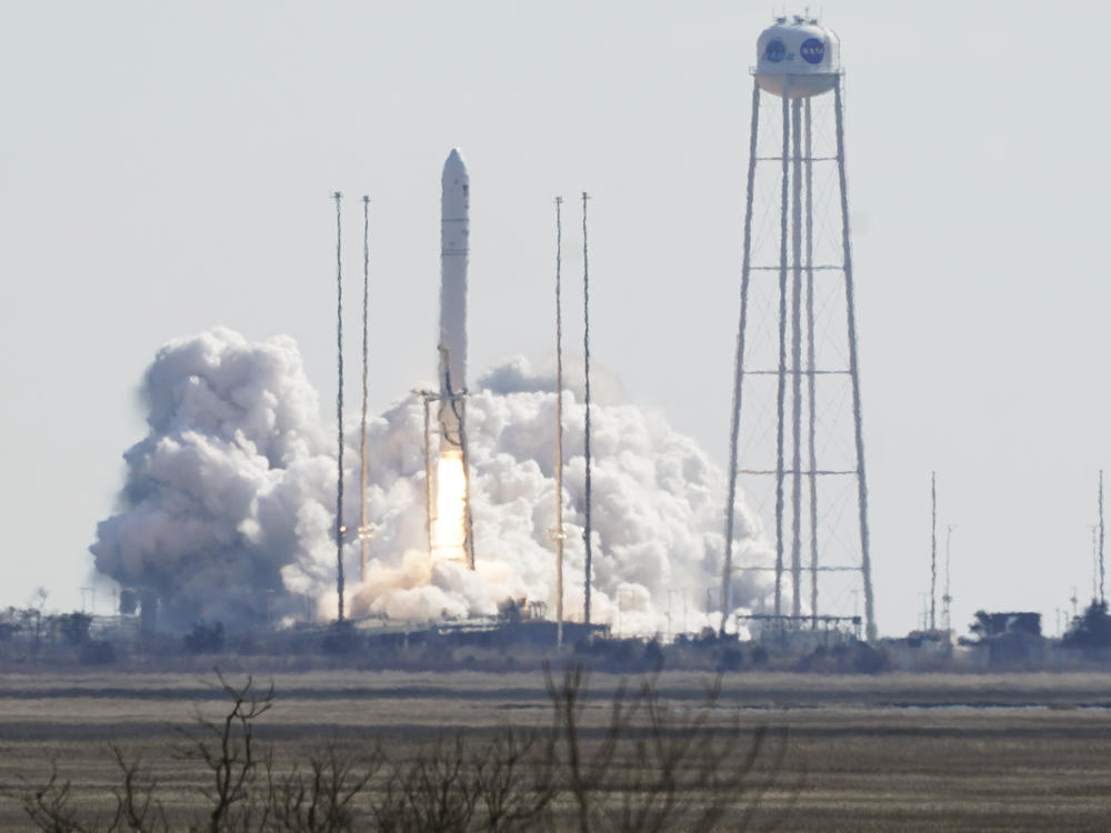 Northrop Grumman's Antares rocket lifts off the launch pad at NASA's Wallops Island flight facility in Wallops Island, Va., on Saturday. The rocket is delivering cargo to the International Space Station.