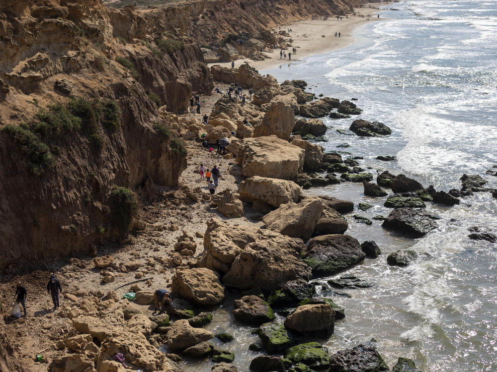 Volunteers at Gador nature reserve in Israel collect tar from an oil spill in the Mediterranean Sea on Feb. 20.