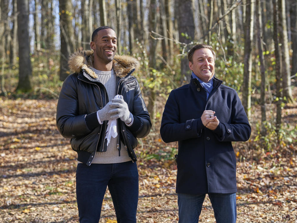 <em>Bachelor </em>host Chris Harrison, above right, has temporarily stepped away from the show following controversial remarks involving race. The franchise's current season features Matt James, top left, as the show's first male Black lead.