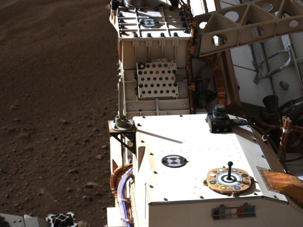 This photo of the Rover includes a view of color chips used to calibrate the images from Mars.