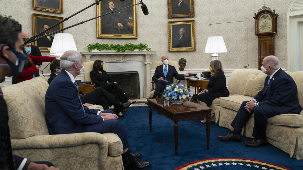 President Biden speaks during a meeting with a bipartisan group of mayors and governors to discuss a coronavirus relief package on Feb. 12.