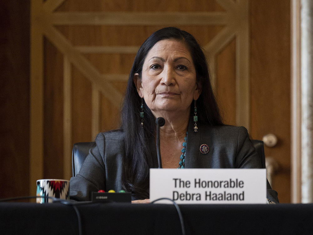 Rep. Deb Haaland, D-N.M., during her Senate hearing Tuesday to be Interior Secretary. If confirmed, she would be the first Native American to hold the post.