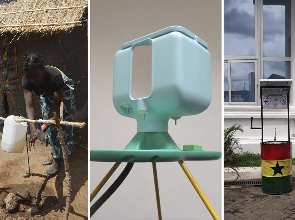 (Left to right) Tippy Tap, Oxfam hand-washing station and SolaWash