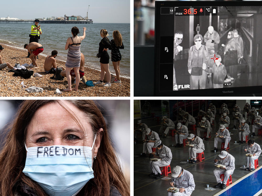 Top left: An officer asks people to observe lockdown rules in Brighton, England. Bottom left: A protester at a lockdown demonstration in Brussels, Belgium last month. Top right: Malaysian health officers screen passengers with a thermal scanner at Kuala Lumpur Airport in January 2020. Bottom right: Employees eat their lunch in Wuhan, China, in March 2020.