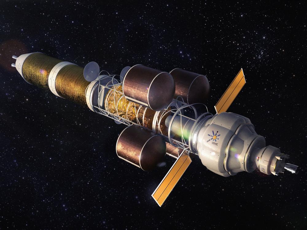 An artist's depiction of a nuclear powered spacecraft of the sort that might one day carry people to Mars. Nuclear could allow for faster journeys, according to the experts.