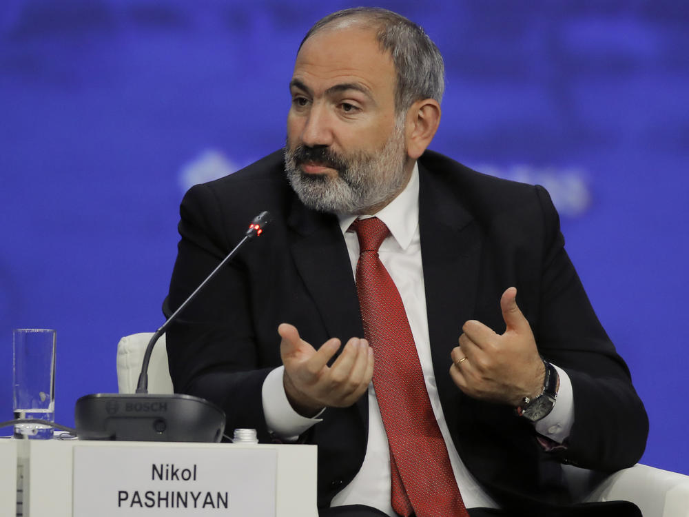 Armenian Prime Minister Nikol Pashinyan speaking at the St. Petersburg International Economic Forum in St. Petersburg, Russia, in 2019.