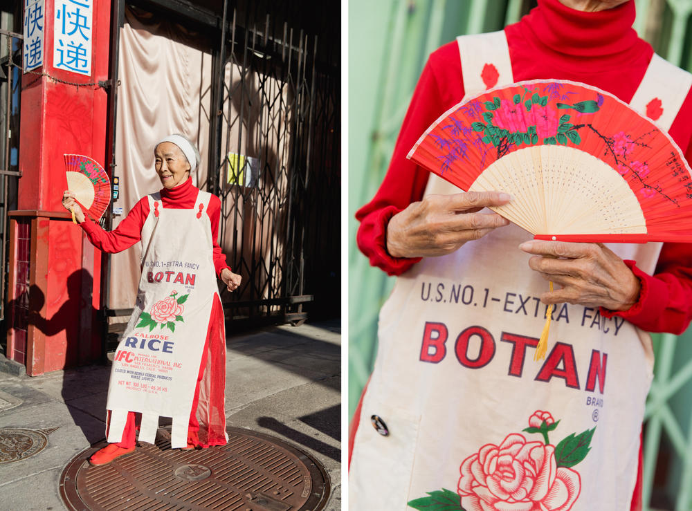 History is woven into 88-year-old Dorothy G.C. Quock's dress, which she fashioned from an heirloom rice bag. After Quock's father immigrated to San Francisco from China's Guangdong province, he took a job delivering sacks of rice to Chinatown businesses and residences.