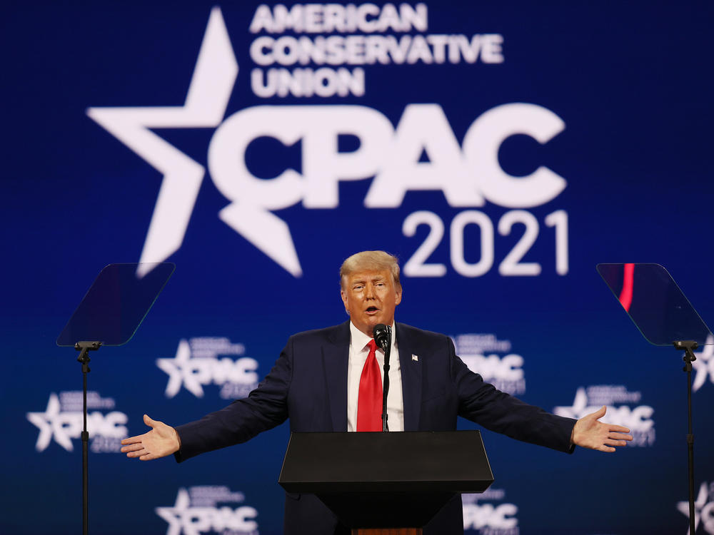 Former President Donald Trump addresses the Conservative Political Action Conference on Sunday in Orlando, Fla.