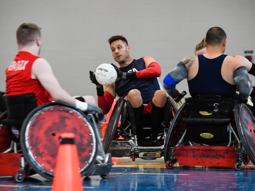 Joe Delagrave (c) is co-captain of the USA Wheelchair Rugby team. The squad was practicing at a recent training camp in Birmingham, Ala. at the U.S. Olympic and Paralympic Training site.