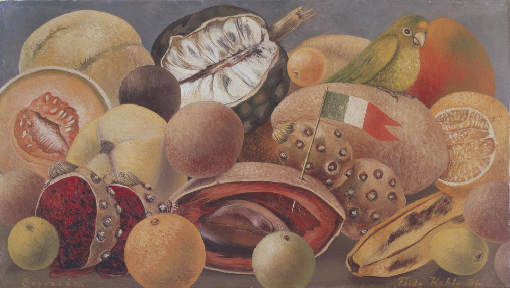 Frida Kahlo, <em>Still Life with Parrot and Flag,</em> 1951, oil on masonite, private collection, courtesy Galería Arvil