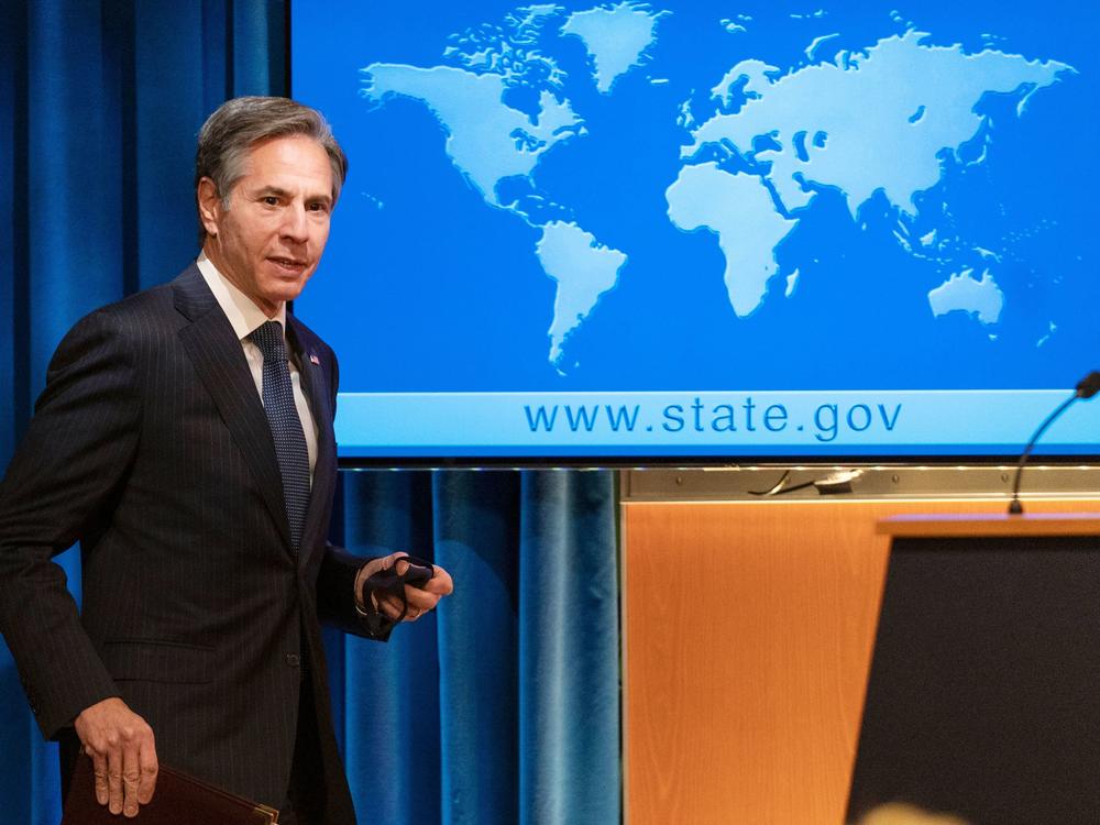 Secretary of State Antony Blinken arrives at a news conference at the State Department in Washington, D.C., Feb. 26. A new report urges the State Department to implement key changes to improve its local approach and diversity.