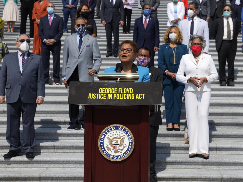 Rep. Karen Bass, D-Calif., lead author of the George Floyd Justice in Policing Act, speaks during an event on police reform last year at the U.S. Capitol.