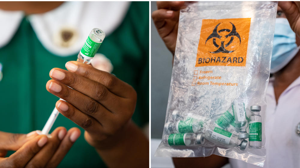 Inoculations began in Ghana this week. Above: a health worker and an empty vial at Ridge Hospital in Accra on March 2.