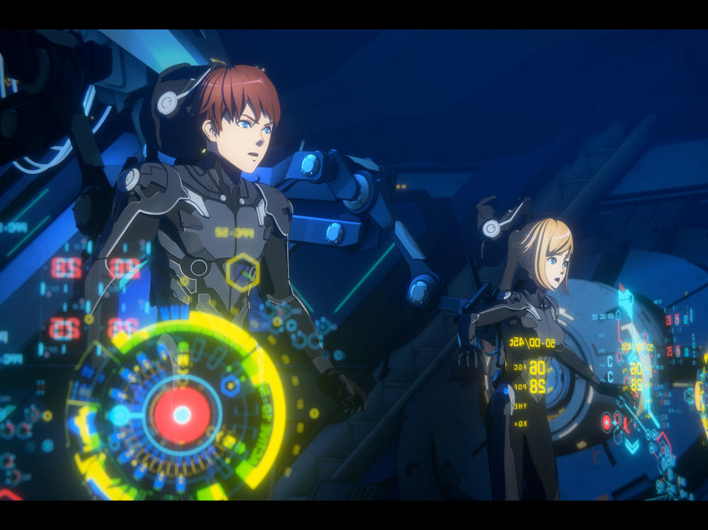 Taylor (voiced by Calum Worthy) and Hayley (voiced by Gideon Adlon) pilot a training Jaeger in the Netflix animated series <em>Pacific Rim: The Black</em>.