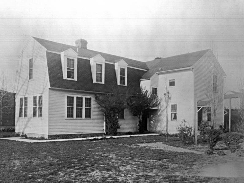 The Bray School building in its original location on Prince George Street in Williamsburg, Va., seen around 1928.