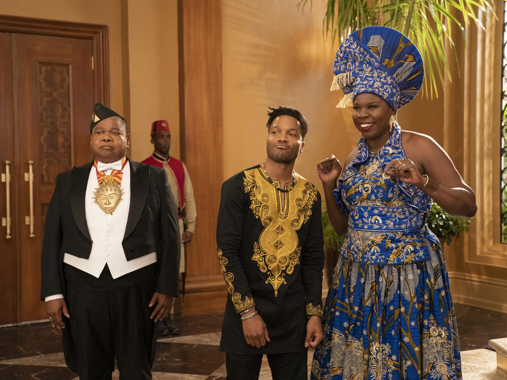 Oha (Paul Bates), Lavelle (Jermaine Fowler) and Mary (Leslie Jones) in <em>Coming 2 America.</em>