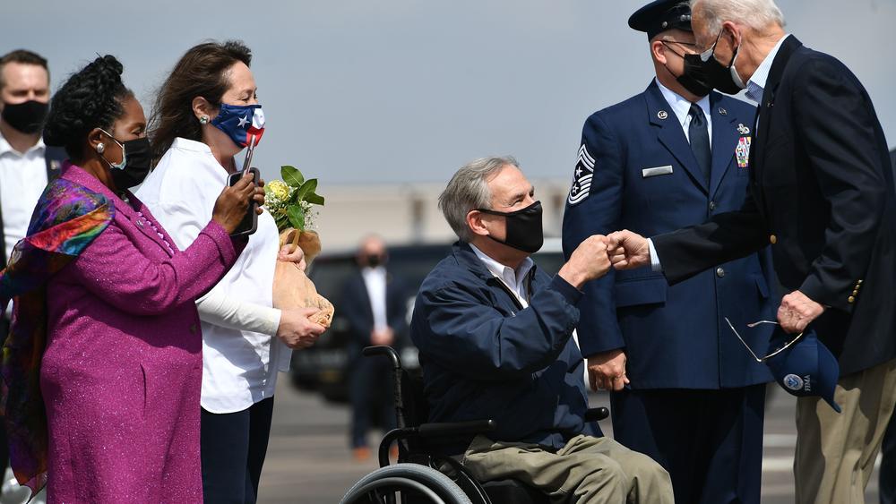 President Biden greeted Texas Gov. Greg Abbott in Houston late last month, following severe winter storms in the region.