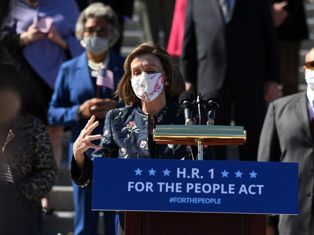 House Speaker Nancy Pelosi, D-Calif., speaks at an event for the For the People Act on the steps of the U.S. Capitol on Wednesday.