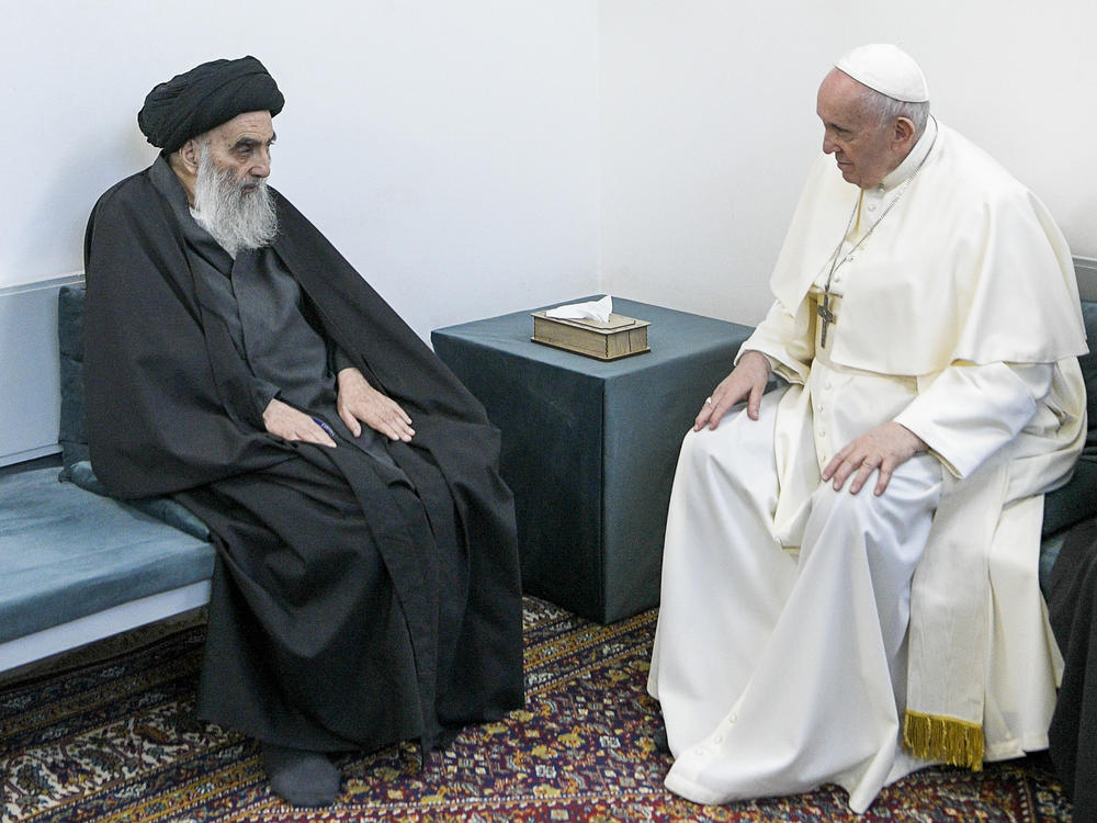 Pope Francis meets with Iraq's leading Shiite cleric, Grand Ayatollah Ali al-Sistani in the city of Najaf, Iraq, on March 6, 2021.