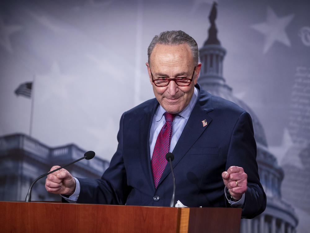 Senate Majority Leader Chuck Schumer, D-N.Y., speaks to the press Saturday at the Capitol, after the Senate passed COVID-19 relief legislation on a party-line vote.