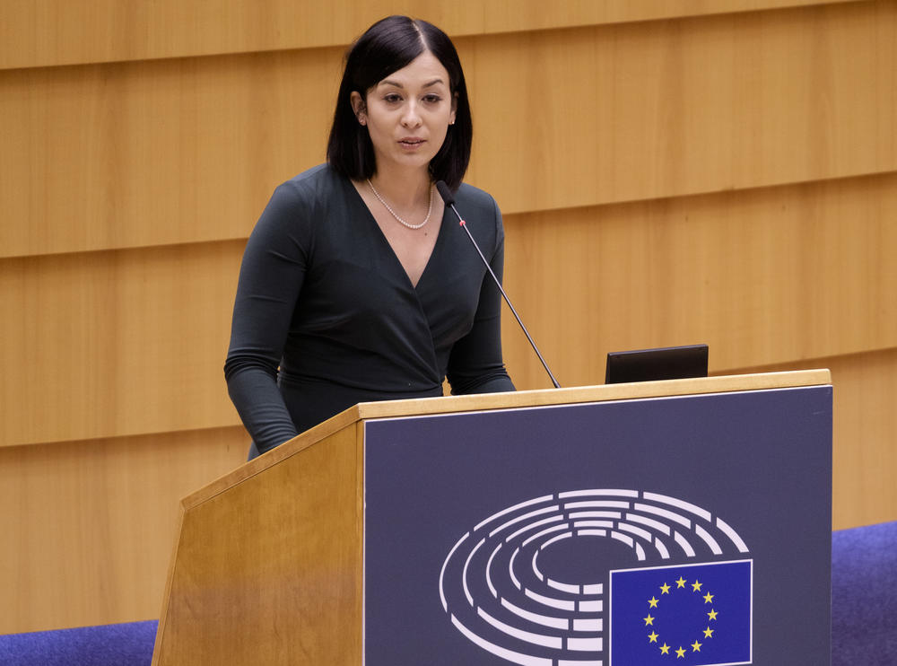 Hungarian member of European Parliament Katalin Cseh delivers a speech during a parliamentary session on Jan. 20 in Brussels.