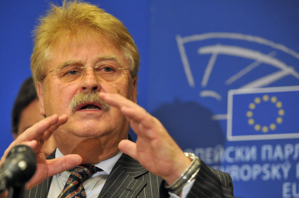 The then-chairman of the European Parliament's Committee on Foreign Affairs, Germany's Elmar Brok, answers questions during a news conference in Washington, D.C., on Oct. 30, 2013.