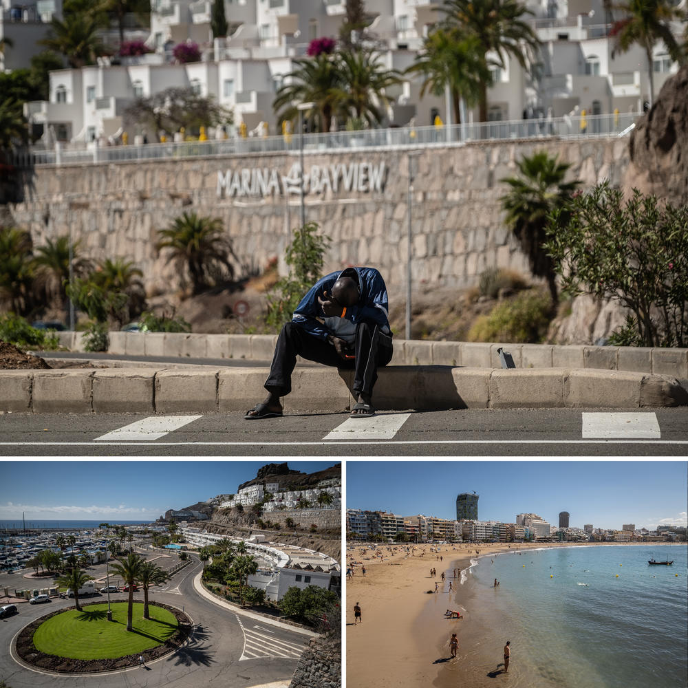 Top: Some migrants have been provisionally hosted in local hotels and spend time sitting nearby in the resort of Puerto Rico, in Mogán, Gran Canaria. Left: General view of the empty marina in the Puerto Rico neighborhood. Right: A view of Playa de las Canteras, a famous area of the city of Las Palmas.