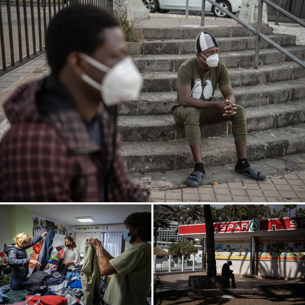 Top: Abdoulahi Diop, right, spent ten days on a boat with 117 others, crossing a thousand miles of open ocean to get here. Left: Three members of the Somos Red organization select and separate the clothes that will be given to the neediest migrants. Right: A migrant rests in the shadows next to a supermarket in the resort of Puerto Rico, in Mogán.