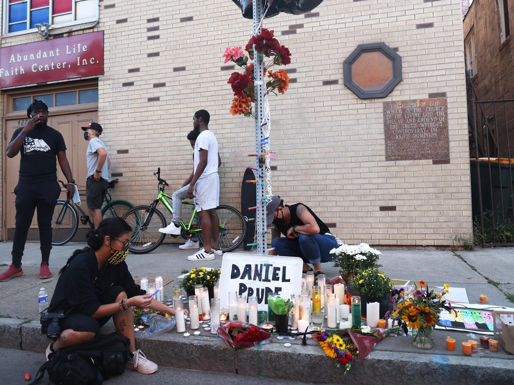 A memorial, pictured in Sept. 2020, commemorated the site where Daniel Prude was arrested in Rochester, N.Y. Prude died of asphyxiation after being restrained by police in March, and his family has filed a wrongful death lawsuit nearly a year later.