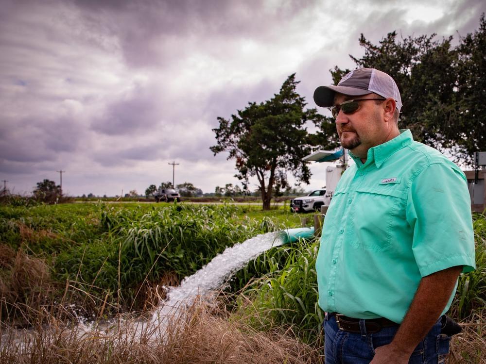 Christian Richard stands next to a groundwater well on his southwestern Louisiana farm. A centuries-old law allows landowners in the state to use as much water as they want for free.