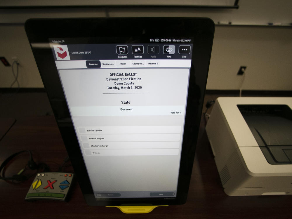 A sample ballot is shown using the Dominion Voting system, the machines that have been under attack by former President Trump following the 2020 elections.