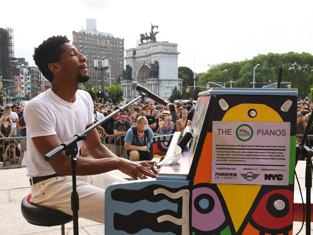 Jon Batiste performs at a voter registration event in Brooklyn, N.Y., in June 2020.