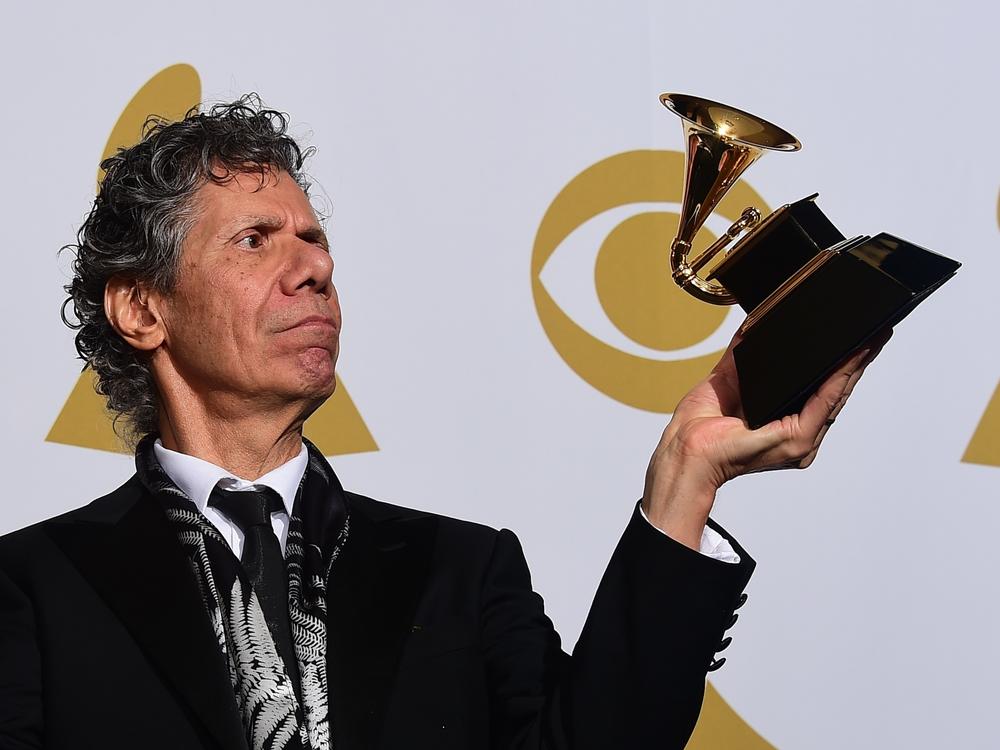 Chick Corea, holding a freshly won Grammy in the award ceremony's press room in LA on Feb. 8, 2015.