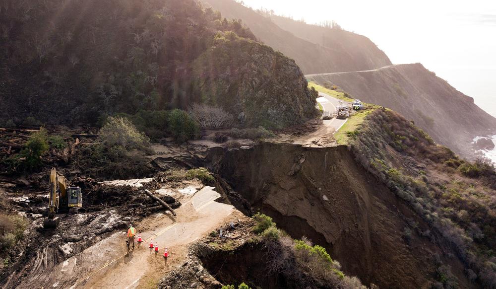 Construction crews work on a section of Highway 1, which collapsed into the Pacific Ocean near Big Sur, Calif., in late January.