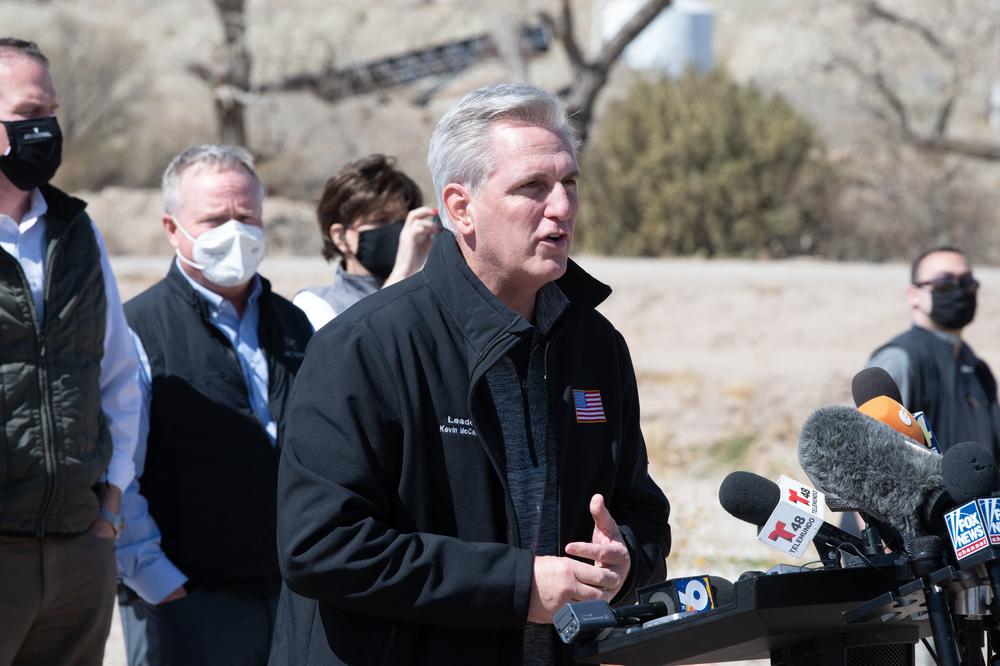 House Minority Leader Kevin McCarthy addresses the press during the congressional border delegation visit to El Paso, Texas.