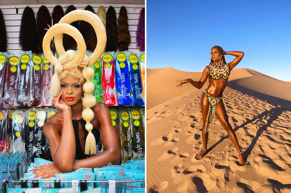 Photographer and designer Marko Monroe and the House of Avalon collective use locations to create photos that tell a story. The iPhone image of Symone in a little black dress made out of hair (left) was taken inside a Los Angeles beauty supply shop; her beaded look was photographed in the Mesquite Flat Sand Dunes of Death Valley.